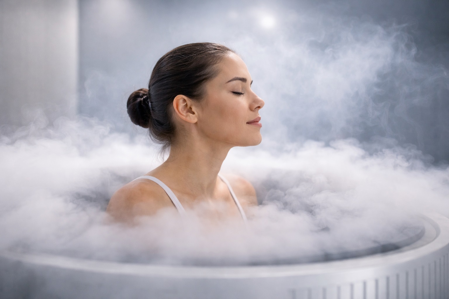 Person in a cryotherapy chamber surrounded by cold vapor
