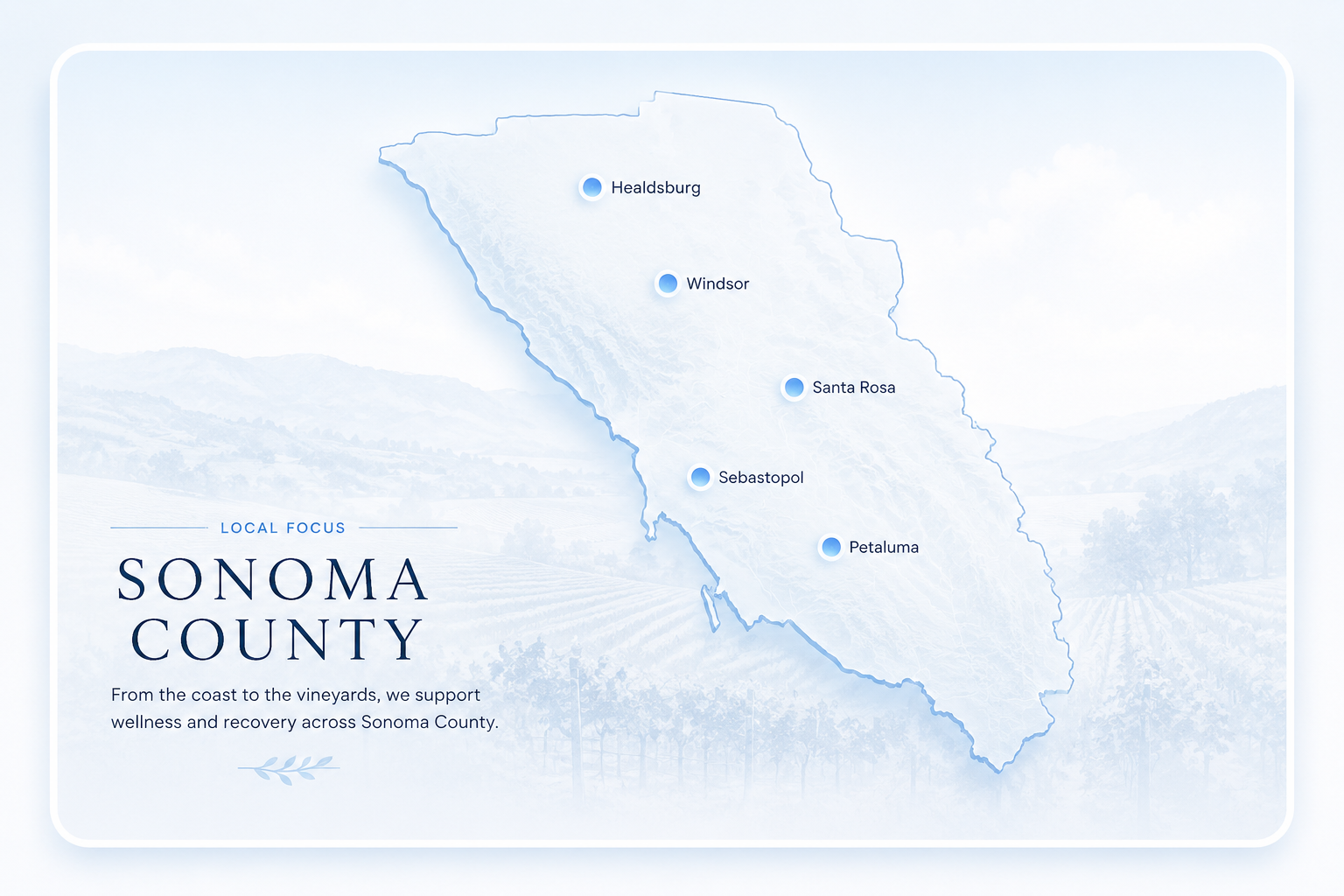 Stylized map of Sonoma County showing key cryotherapy service areas